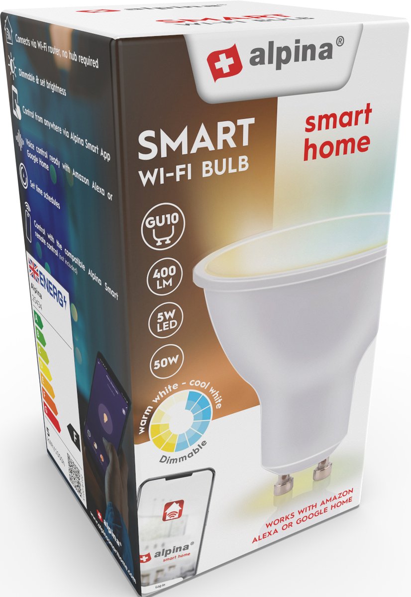 Alpina Smart Home LED-Lampe - GU10 - 5W - 470lm - Warm- und Kaltweiß - dimmbar - App- und Sprachsteuerung - funktioniert mit Alexa und Google Home