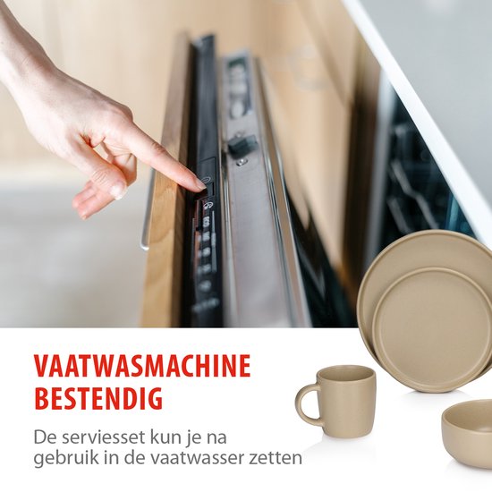 alpina Geschirrset 16-teilig - Geschirrset 4 Personen - Steingutgeschirr - Frühstücksteller, Essteller, Schüsseln und Becher - Mikrowellen- und spülmaschinenfest - Sand