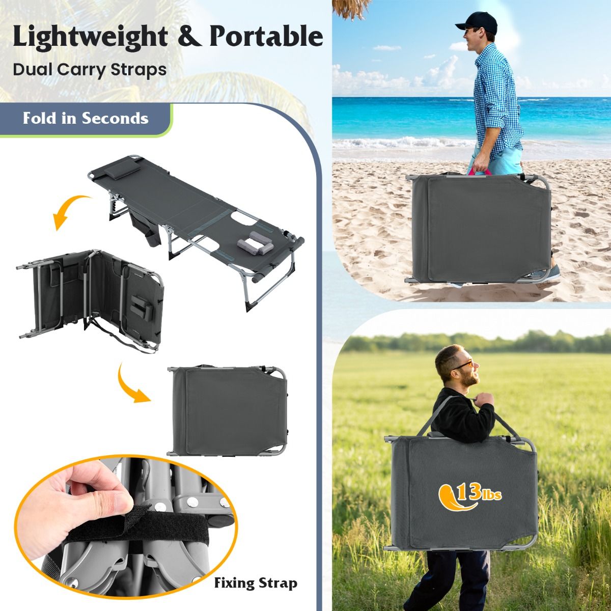 Coast Sonnenliege 193x60x34 cm Grau mit Gesichtsöffnung, verstellbarer Rückenlehne und Fußstütze, faltbar mit abnehmbarem Kissen und Seitentaschen