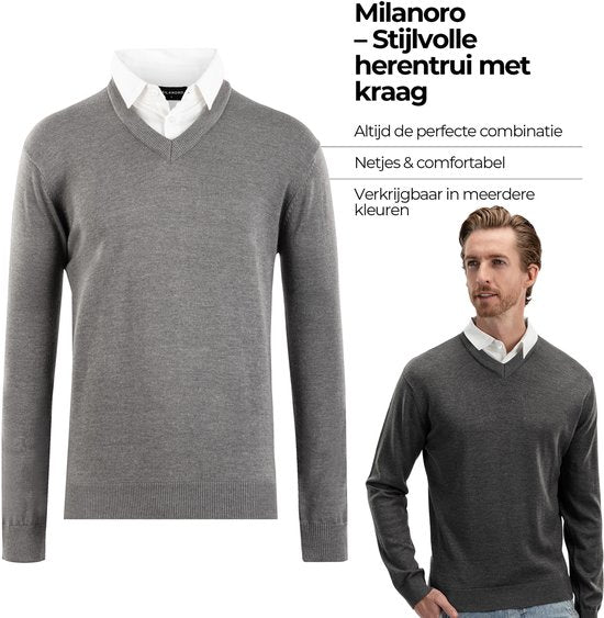 Milanoro - Herren Pullover mit Hemdkragen - Dunkelgrau - S
