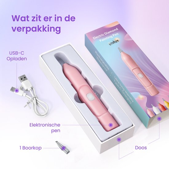 Rubye® - Elektrischer Diamantmalstift - Mit Vakuumtechnik - Wiederaufladbar über USB-C - Komfortabel in der Anwendung - Für runde und eckige Steine - Pink