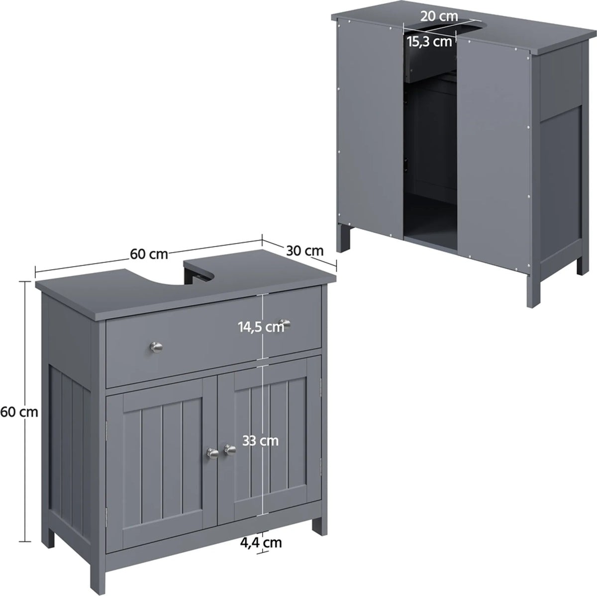 Yaheetech Unterschrank mit Schublade und zwei Fächern - Ausgestattet mit Siphonausschnitt und wasserabweisender Beschichtung und Metallbeschlägen - Für Badezimmer im Landhausstil - Dunkelgraues Mdf und Metall - 60 x 30 x 60 cm