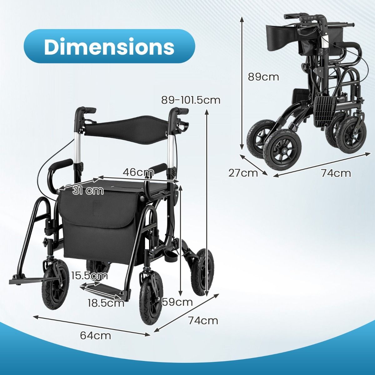 Coast 2-in-1-Rollator und Rollstuhl – Luftreifen – 6-fach höhenverstellbar – schwarz