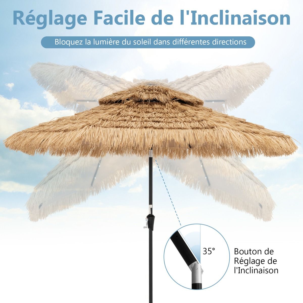 Coast Wicker Sonnenschirm - 32 LED Lichter - neigbar - Hawaii Style - 270 x 270 x 256 cm
