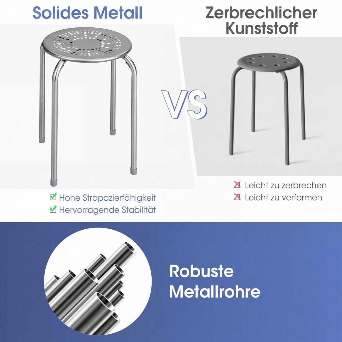 Coast 6-teiliges Set stapelbarer Metallhocker – verstärkter Rahmen – sofort einsatzbereit – grau