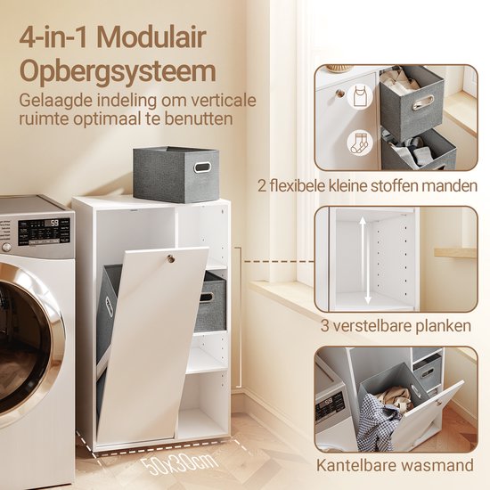 SoBuy Badezimmerschrank mit Wäschekorb, Aufbewahrungsschrank mit 2 Stoffkörben, platzsparend, für schmutzige Wäsche, Weiß, für den Waschraum BZR218-W