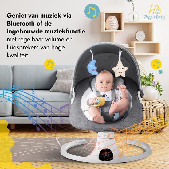 HeppieBabie Electric Rocker - Musik- und Schaukeloptionen - 5-Punkt-Gurt - Babyschaukel - Babyschaukel - Mit Ebook