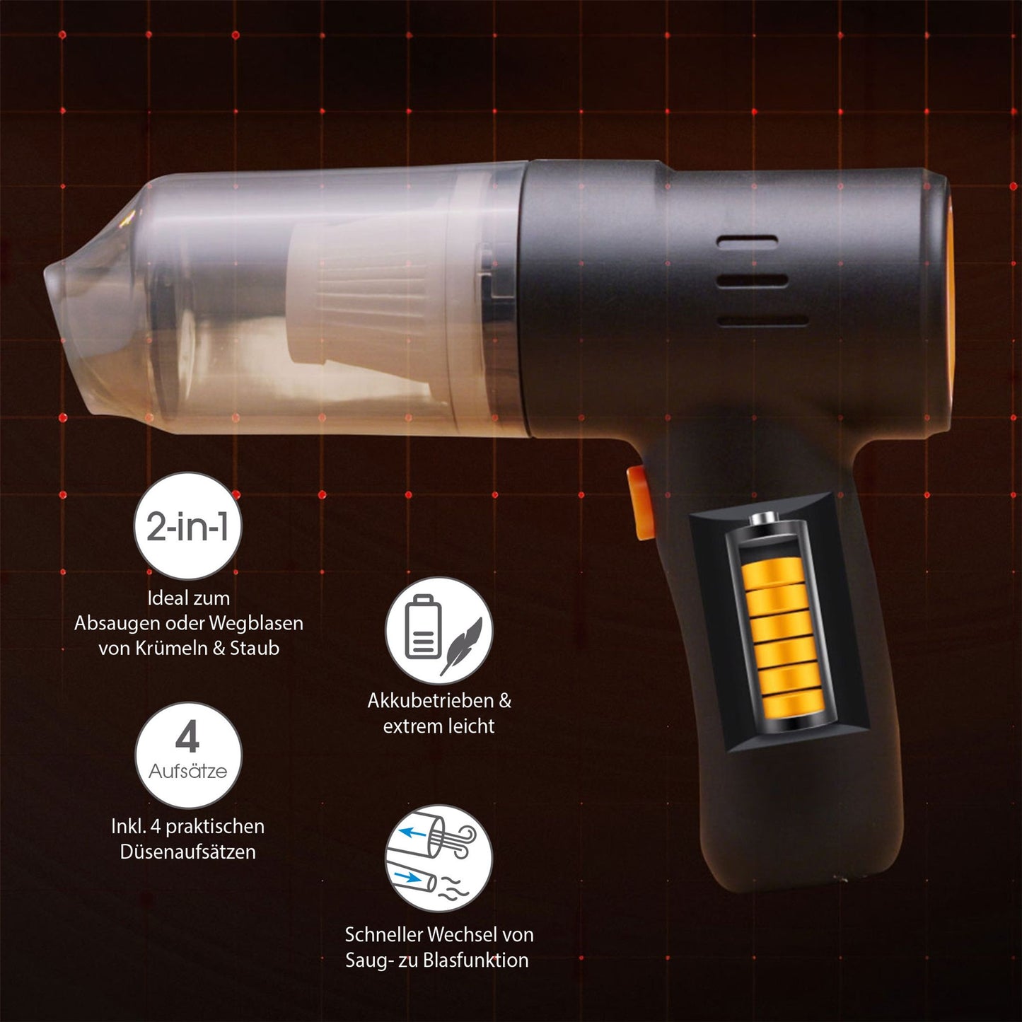 Livington PocketVac Kabelloser Handstaubsauger mit Gebläsefunktion – Kompakt – Leicht – Inklusive 5 Aufsätzen