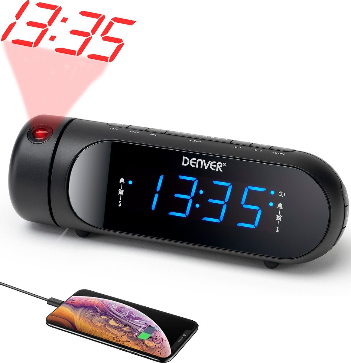 Denver - CPR700 - Radiowecker - mit Projektion - USB-Aufladung - Digitaler Wecker - FM-Radio - Schwarz