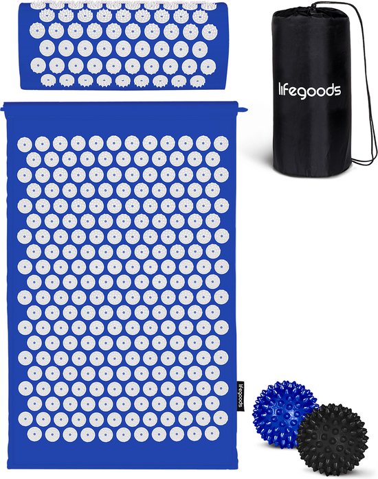 LifeGoods Akupressurmatte mit Kissen - Shakti Matte - Nagelmatte inkl. 2x Triggerpunkt Ball - 66x40x2cm - Blau/Weiß