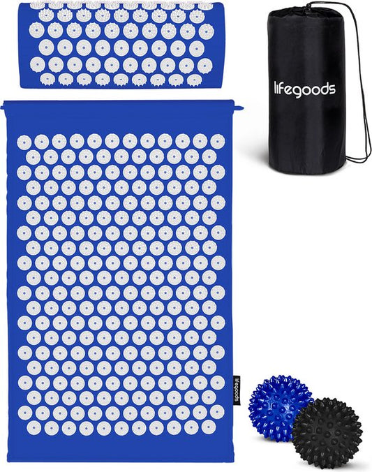 LifeGoods Akupressurmatte mit Kissen - Shakti Matte - Nagelmatte inkl. 2x Triggerpunkt Ball - 66x40x2cm - Blau/Weiß