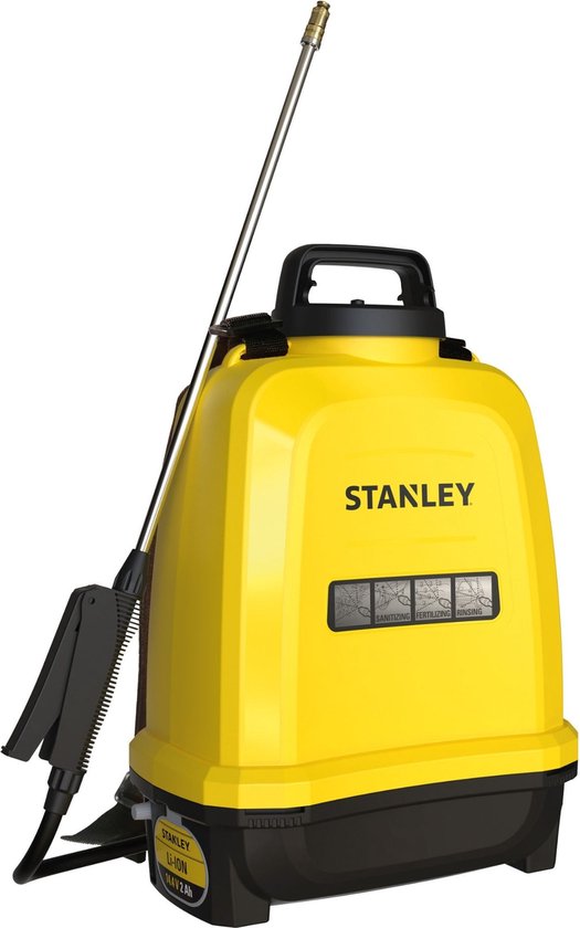 Stanley Drucksprühgerät 12 L hinten, Rückensprühgerät Garten, Drucksprühgerät, elektrisch, wiederaufladbare Lithium-Batterie, Teleskoplanze, verstellbare Düse, Autonomie 2 h, max 5 bar, 0,60 l/Minute, gelb/schwarz