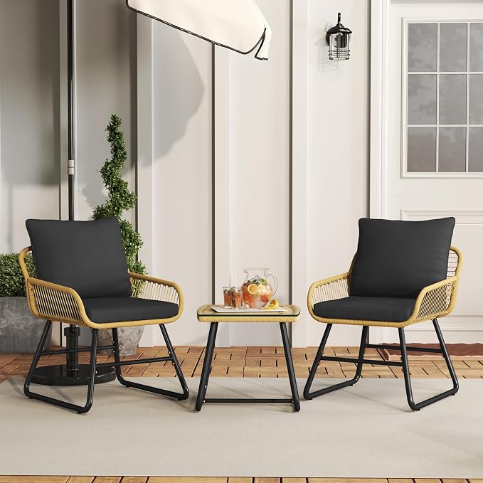 Yaheetech 3-teiliges Bistro-Set für den Garten – Beige/Schwarz – Rattan-Gartenset mit Glastisch und 2 Stühlen