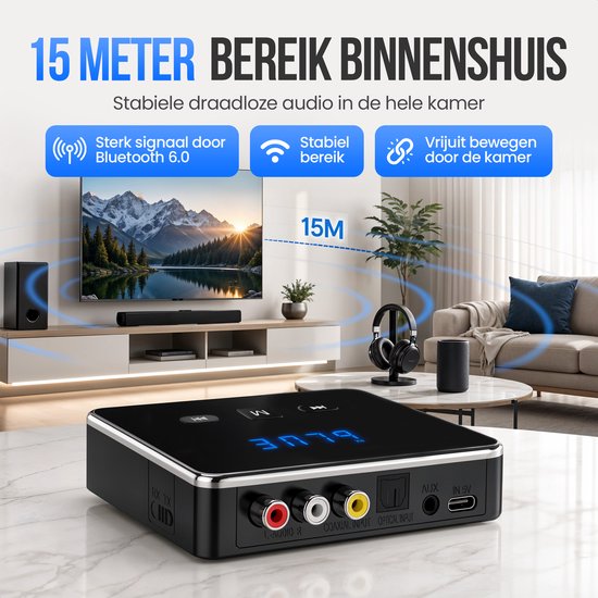 Strex Bluetooth-Sender und -Empfänger 3-in-1-Adapter – Bluetooth-Audio-Sender und -Empfänger – Bluetooth 6.0 – AUX/Cinch/Optisch – Drahtlos – 15 Meter Reichweite