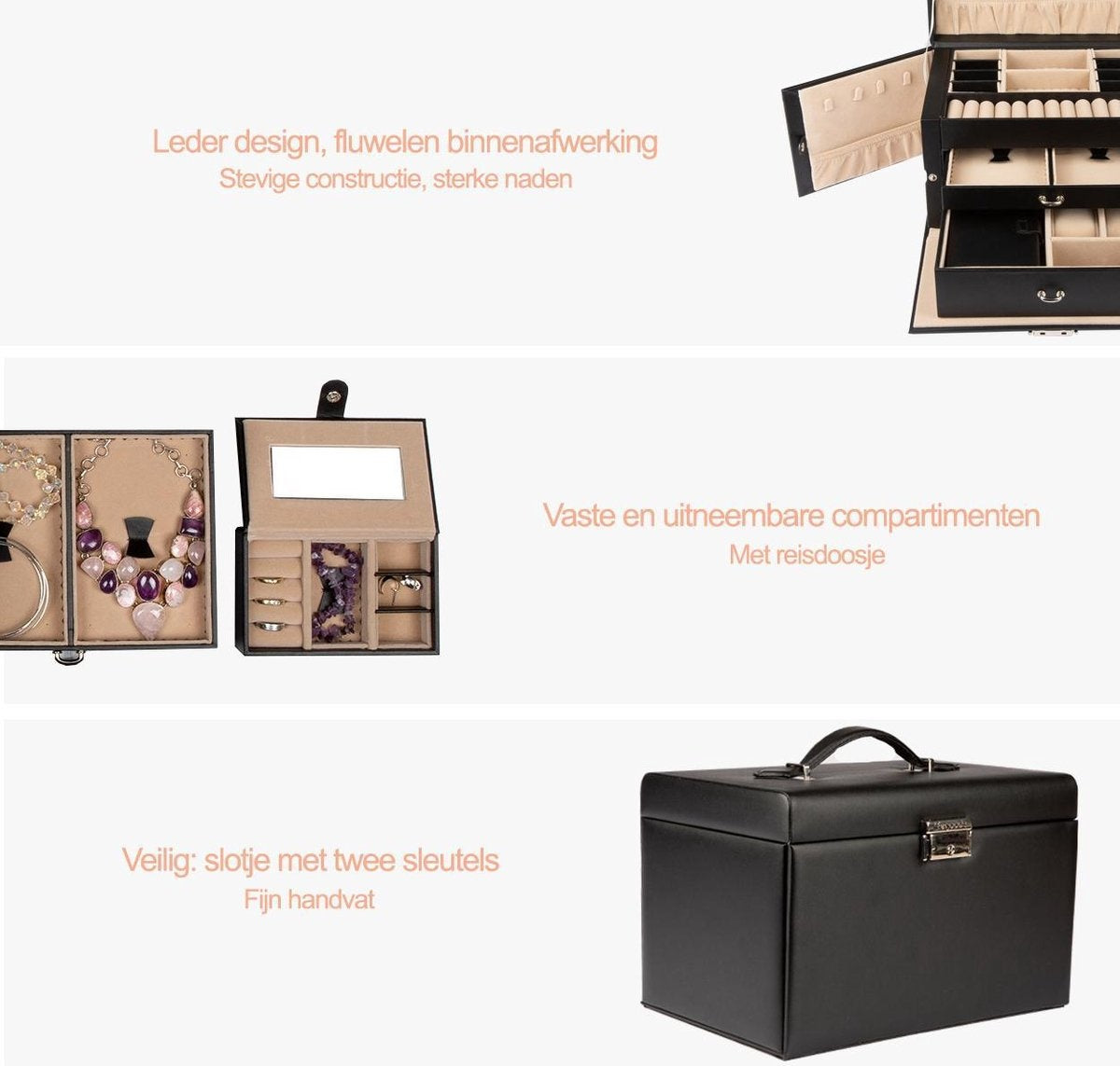 LifeGoods Schmuckkästchen XL - Schmuckaufbewahrung - 20 Fächer - Schwarz/Beige