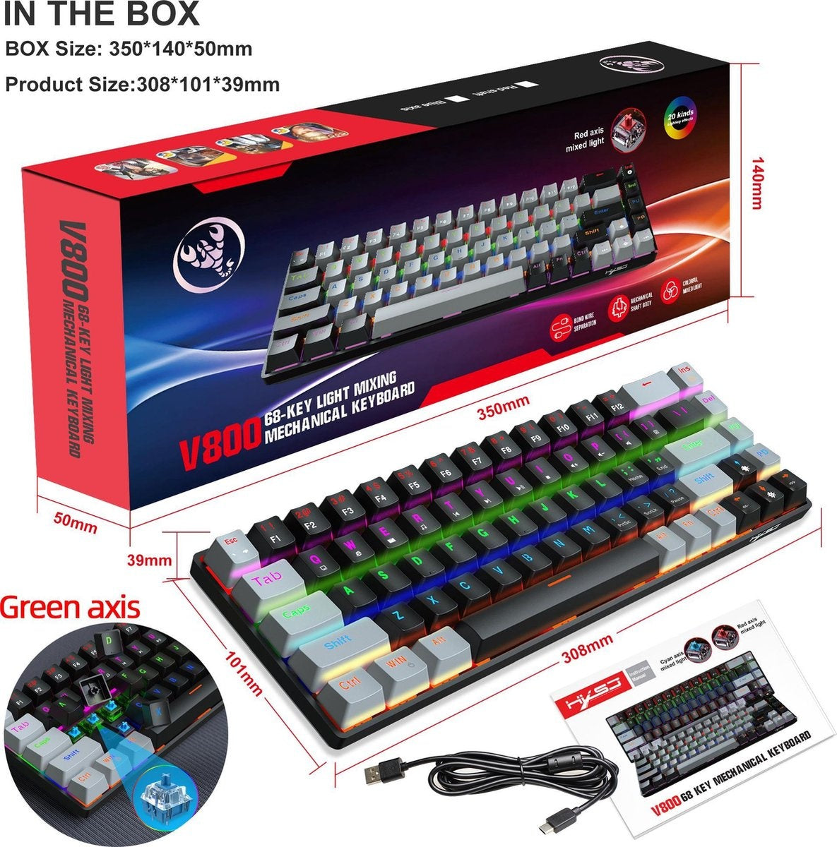 HXSJ V800 - Mechanische RGB-Gaming-Tastatur - QWERTY - 68 Tasten - TKL - Blauer Schalter - Schwarzgrau