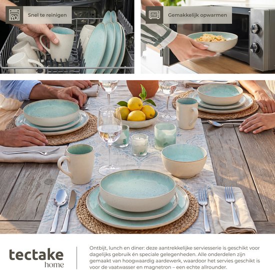 tectake® Geschirrset Mare – 30-teilig – Steingut mit glänzender Glasur - Für 6 Personen - Handgefertigtes Geschirr - Modernes Geschirrset mit großen und kleinen Tellern, Schüsseln, Schälchen und Tassen - Spülmaschinen- und mikrowellengeeignet - Münze
