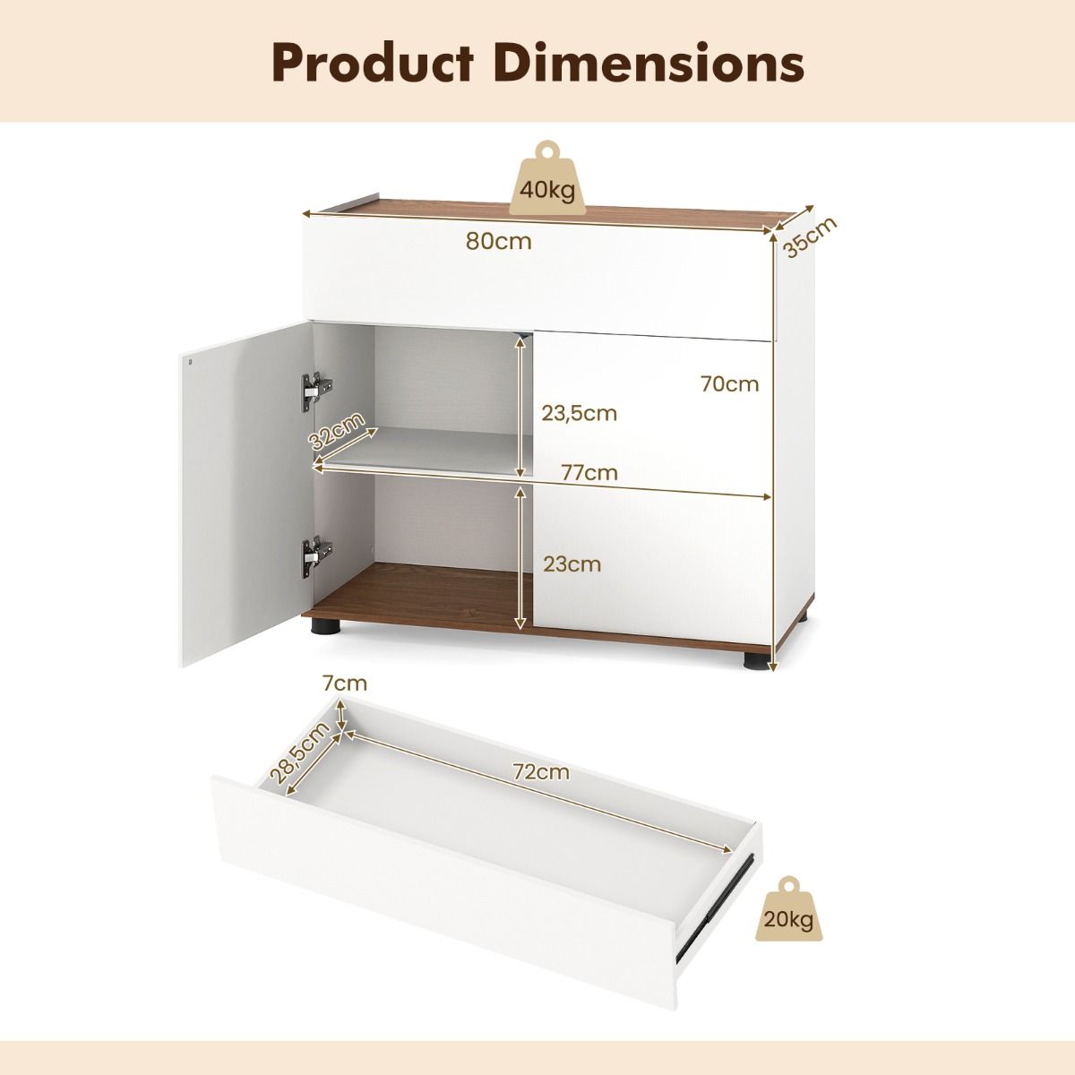 Coast Kommode mit Stauraum – Holzschrank mit einer Schublade und zwei Türen – schwarz/weiß – 80 x 35 x 70 cm