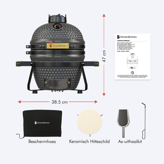 KitchenBrothers Kamado BBQ - 13 Zoll Holzkohlegrill - 27⌀ cm - PFAS-frei - Deluxe Set - Eiergrill mit Zubehör inklusive Abdeckung - Grau