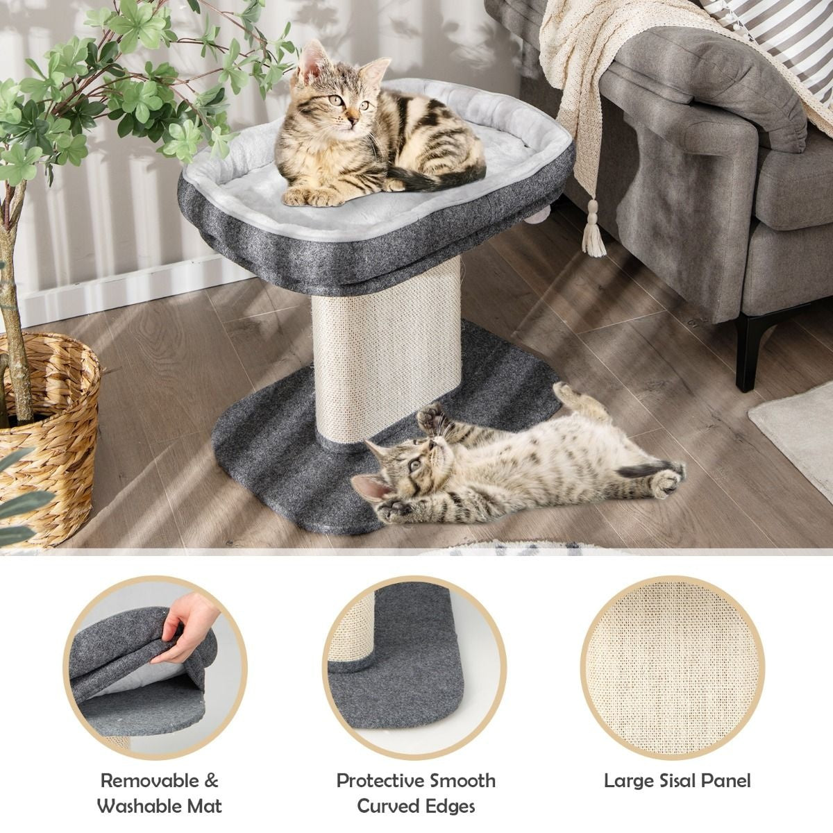 Coast Modern Kratzbaum Katzenmöbel mit großem Plüschsessel und Sisalkratzbrett grau