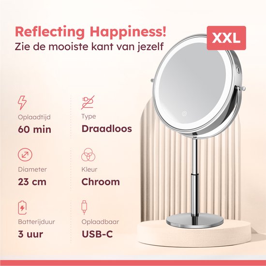Fraay® XL Make-up-Spiegel mit LED-Beleuchtung - 10-fache Vergrößerung - Vergrößerungsspiegel mit Licht - wiederaufladbar - Rasierspiegel - Badezimmerspiegel - Chrom