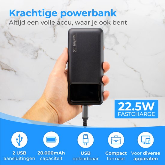Nuvance - Powerbank 20000 mAh - 22,5 W Schnellladefunktion - USB, USB-C & Micro USB - Universal für Smartphones, Tablets & Gadgets - Reise-Powerbanks - Schwarz