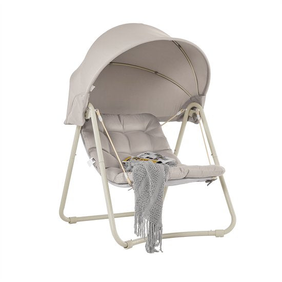 SoBuy OGS62-MI Schaukelstuhl mit verstellbarem Sonnenschirm – Für drinnen und draußen – Hängematte und Gartenstuhl für den Außenbereich – beige, 108 x 126 x 163 cm