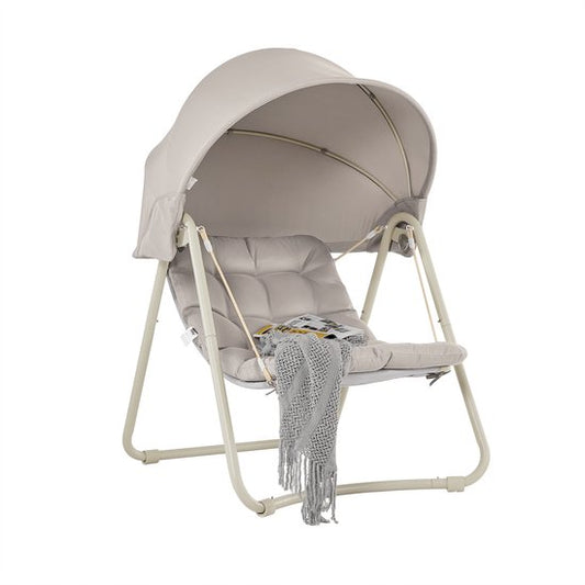 SoBuy OGS62-MI Schaukelstuhl mit verstellbarem Sonnenschirm – Für drinnen und draußen – Hängematte und Gartenstuhl für den Außenbereich – beige, 108 x 126 x 163 cm