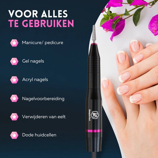 Beeperfect® Elektrische Nagelfeile - Nagelfräse - Maniküre- und Pediküreset - 12 Bits und 60 Schleifrollen - 4 Extra-Zubehör - Schwarz