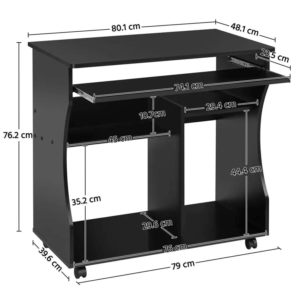 Yaheetech Computertisch mit Tastaturablage und Rollen – Schwarz – 80 x 48 x 76 cm