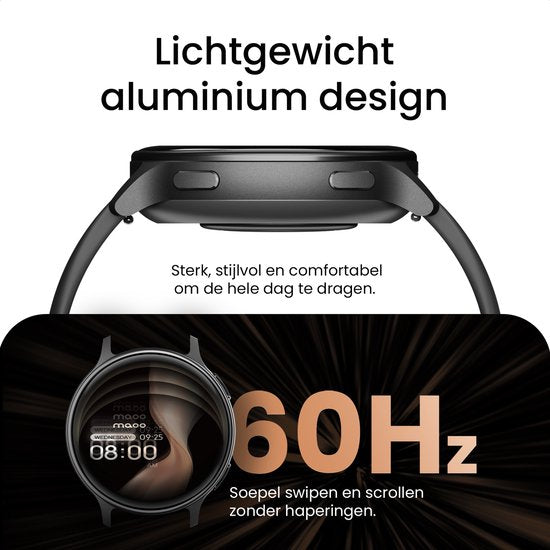 Maoo Ventura 2 – GPS-Smartwatch für Damen – AMOLED – Silikon-, Leder- und Sportarmband – Schrittzähler – Herzfrequenzmesser – Schlafmonitor – Anruffunktion – AOD – Multisport – Kompatibel mit Android und iOS – Schwarz