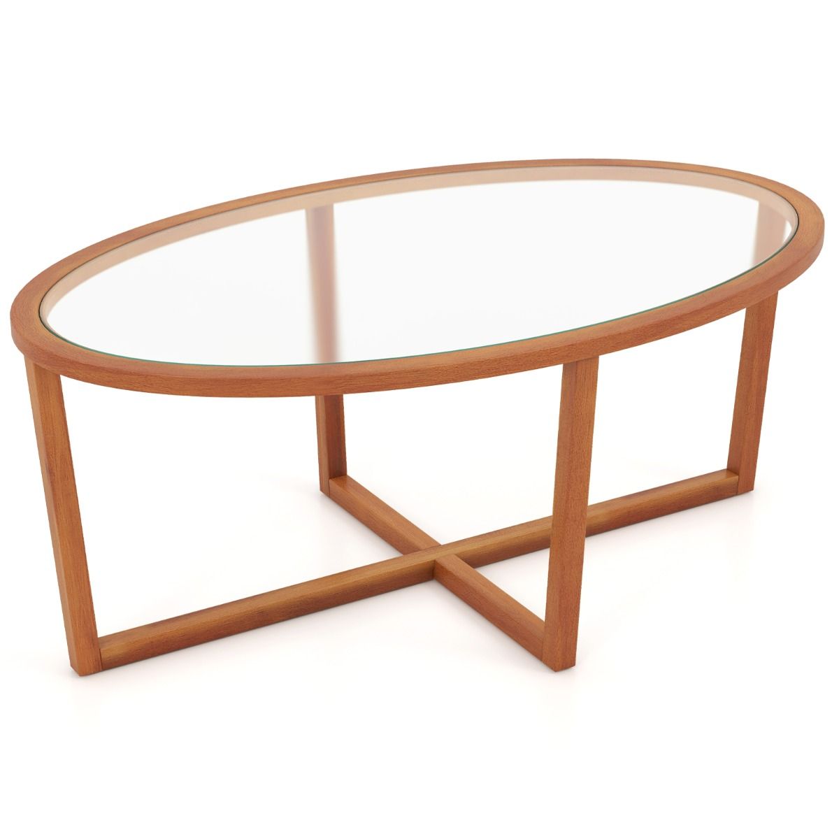 Couchtisch „Coast“ – ovales Hartglas – Kreuzfuß aus Akazienholz – braun – 118 x 71,5 x 47,5 cm