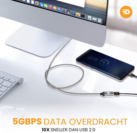 Drivv. Premium USB-Verlängerungskabel 3.0 – Stecker auf Buchse – USB-Datenkabel – Schnelle Datenübertragung – 5 Gbit/s – Nylon – 3 Meter – Grau