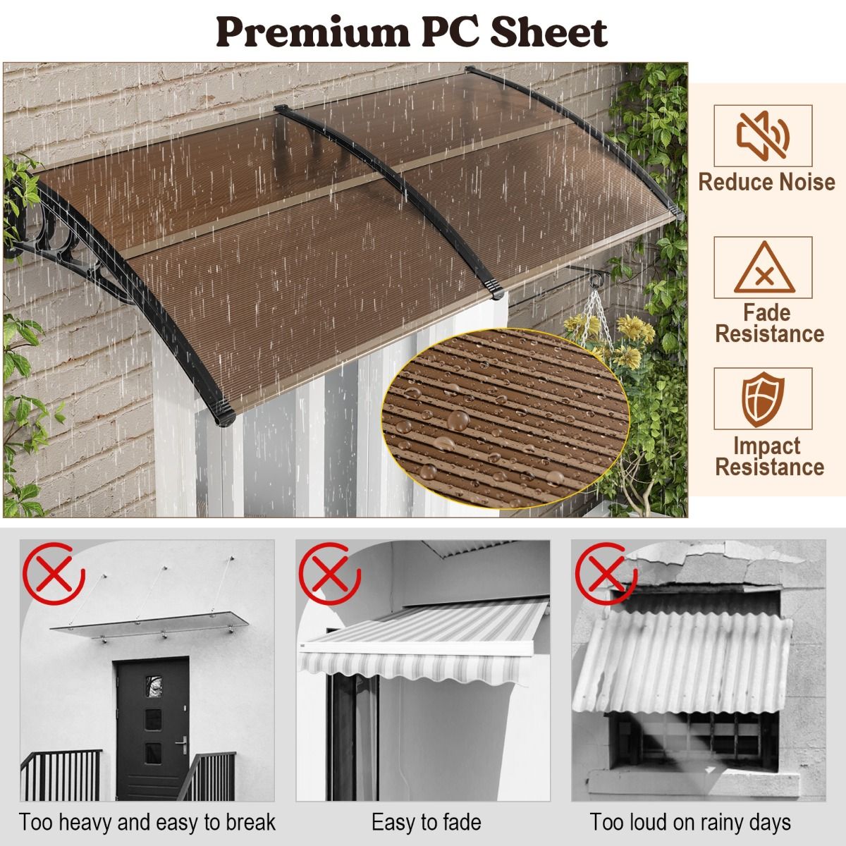 Coast-Eingangsmarkise – robuste Aluminiumkonstruktion – UV-Schutz – Farbe: Kaffee – 199 x 99 cm