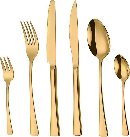 Deleca 6-Personen-Besteck-Set Harmony - Löffel, Messer, Gabeln, Steakmesser & Kuchengabeln - spülmaschinenfest - Weihnachtsgeschenk-Besteck - Gold/Edelstahl