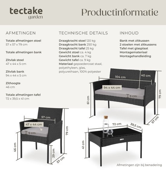 tectake® - Geflecht-Gartenset Palese - Sitzgruppe für 4 Personen - Gartenmöbel-Set mit Loungebank, Gartentisch und 2 Gartenstühlen inklusive Sitzkissen - Gartenmöbel - Wasserfest - Schwarz