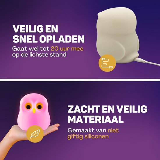 Vulpes Goods® Kinder-Nachtlicht - 8 LED-Farben & Weiß - Babyzimmer-Nachtlicht - Eule - USB wiederaufladbar - Dimmer - Timer - Kabellos - Kinderfreundlich