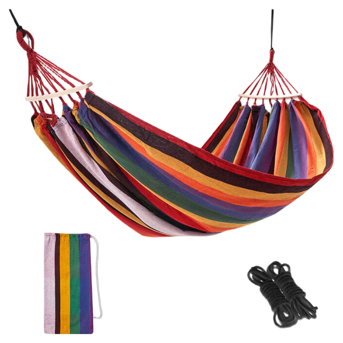 ochama x J.ZAO Doppelte Camping-Hängematte 200 × 150 cm – Rainbow – 150 kg Tragkraft – Holzspreizstangen – inklusive 2 Gurten