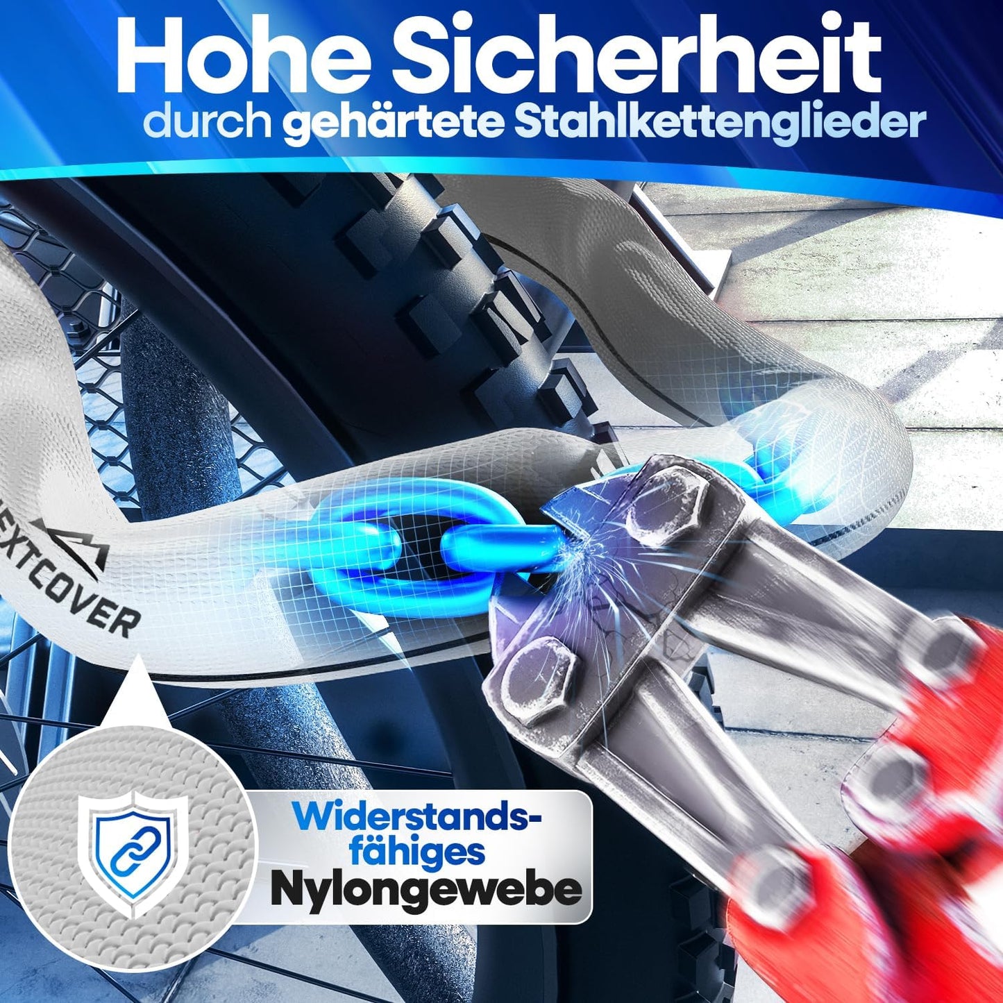NEXTCOVER® Fahrradschloss LockOne mit Schlüssel I - [SAFE] Fahrradschloss hohe Sicherheit I robustes & langlebiges Kettenschloss Fahrrad I Fahrradschloss, Fahrradschloss 3 Schlüssel