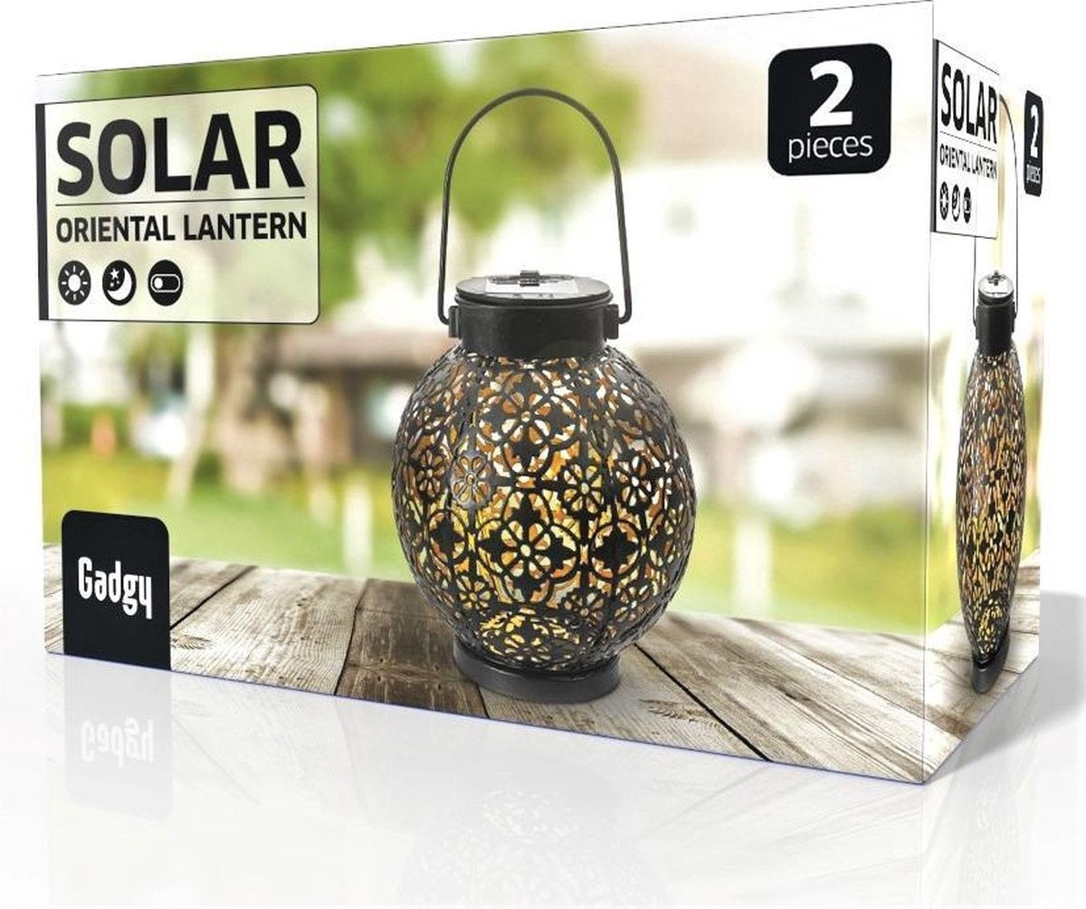 Gadgy Solar Laterne rund - 2er Set - Schwarz - Metall - Solar Gartenbeleuchtung - Led Außenbeleuchtung mit Tag/Nacht Sensor - Tischlampe - Hängelampe - Gartenlaterne - 15.5 x Ã˜ 13.5 cm