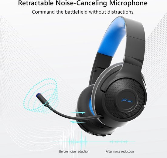 Picun BG-01 Kabellose Kopfhörer - Gaming Headset - Over-ear - Doppelte Modus (Verkabelt/Bluetooth) - Multi Plattform - Schwarz Blau