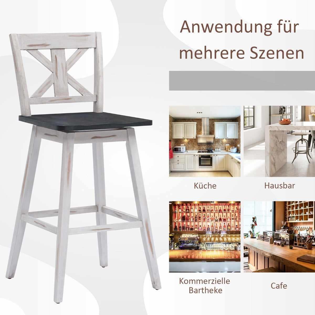 Coast Barhocker 2er Set Vintage Barstühle mit 360Â° drehbarem Sitz und Anti-Rutsch-Beschichtung 73,5 cm weiß