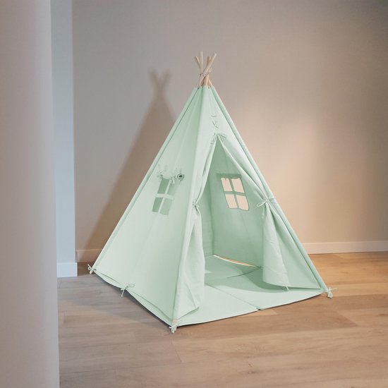 Sunny Alba Tipi-Zelt Pastellgrün – Wigwam-Spielzelt mit Fenstern – 120 x 120 x 160 cm – mit Kissenbezug