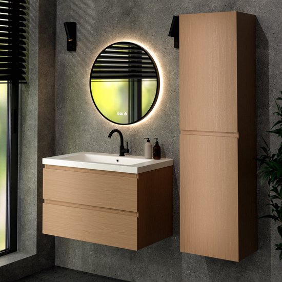 Mirlux Badezimmerschrank in heller Eiche, 80 cm – Waschbecken in Weiß – Badezimmerschrank-Set – Waschbeckenunterschrank in heller Eiche