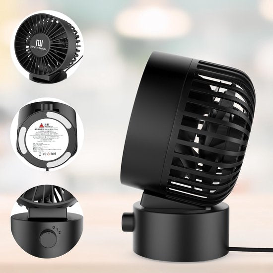 Northwall Mini-USB-Ventilator - Tischventilator - Leise - Retro - Zwei Motoren - Neigbar - 2 Geschwindigkeiten - Schwarz
