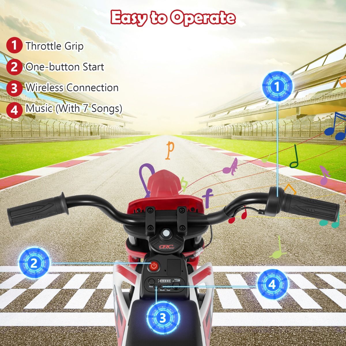 Coast Elektrisches Kinder-Motorrad – Musik und Bluetooth – Stützräder – rot