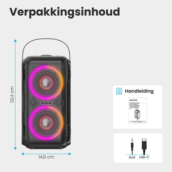 Auronic Partybox - Bluetooth - Party-Lautsprecher - Musikbox - Scheibenbeleuchtung - USB-, AUX- und SD-Kartenanschluss - Schwarz