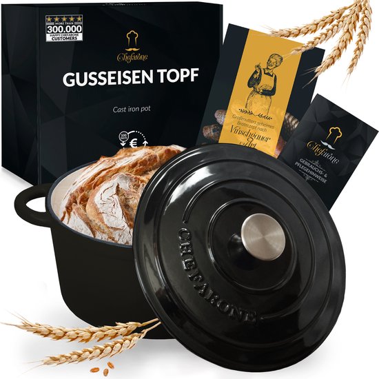 Chefarone Gusseisenpfanne 3,5 l – PFAS-frei – Bratpfanne inklusive Deckel – Für alle Wärmequellen geeignet – Schwarz emailliert