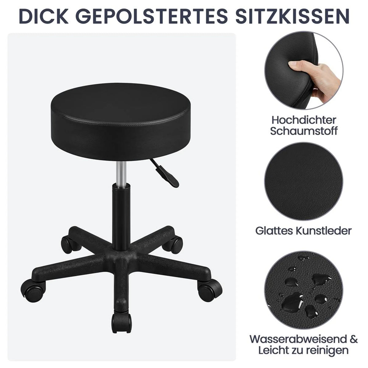Yaheetech höhenverstellbarer Barhocker - Ausgestattet mit 10 cm dickem Sitzkissen und 360° drehbar und Sternfuß mit Rädern - Für Büro Studio und Kücheninsel - Schwarzes Leder und Metall - 50 x 50 x 46 - 61,5 cm