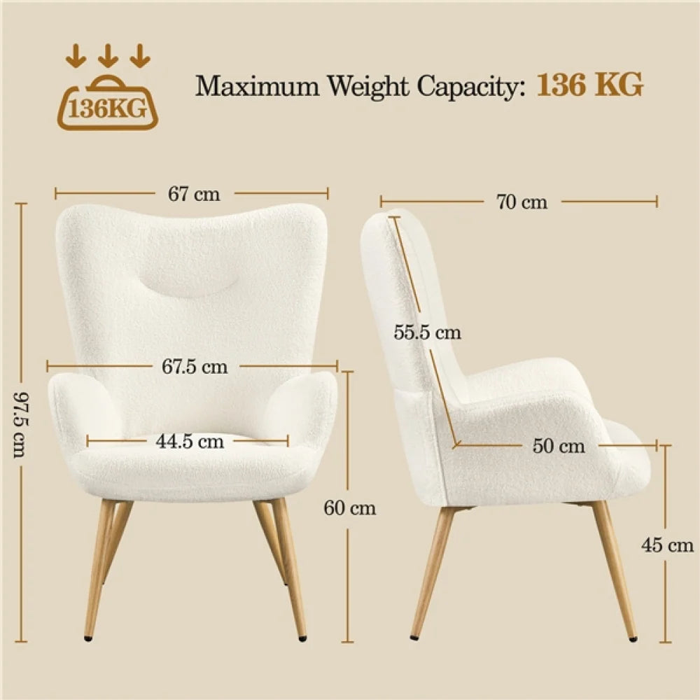 Yaheetech Bouclé-Akzentstuhl / Sessel 67,5 x 70 x 97,5 cm – Stimmungsvolles Elfenbein – Polyester-Bouclé und Metall